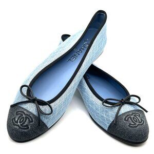 CHANEL 25P CC Logo Denim Jeans Cap Toe Bow Ballerina Ballet Flats Shoes